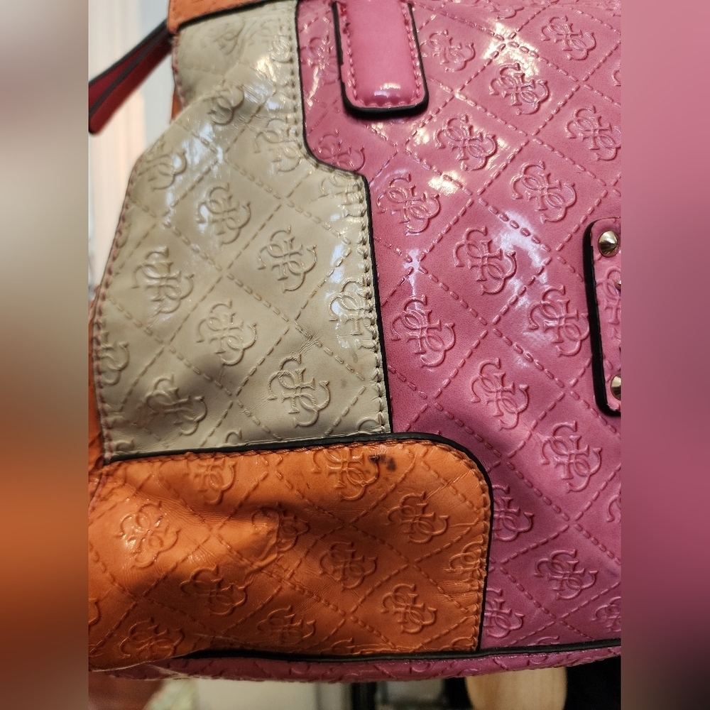 Guess Patchwork Satchel Tote Bag Pink Orange Quilted Logo - Picture 7 of 16